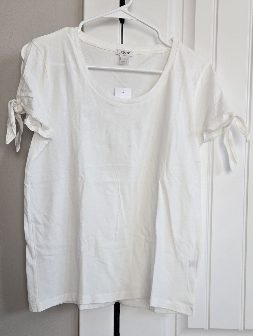 J. Crew White Short Sleeve Tee with Tie Sleeve Detail